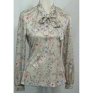 Vintage 70s Secretary Blouse 10 Tan Floral Bow Ruffles Long Sleeve